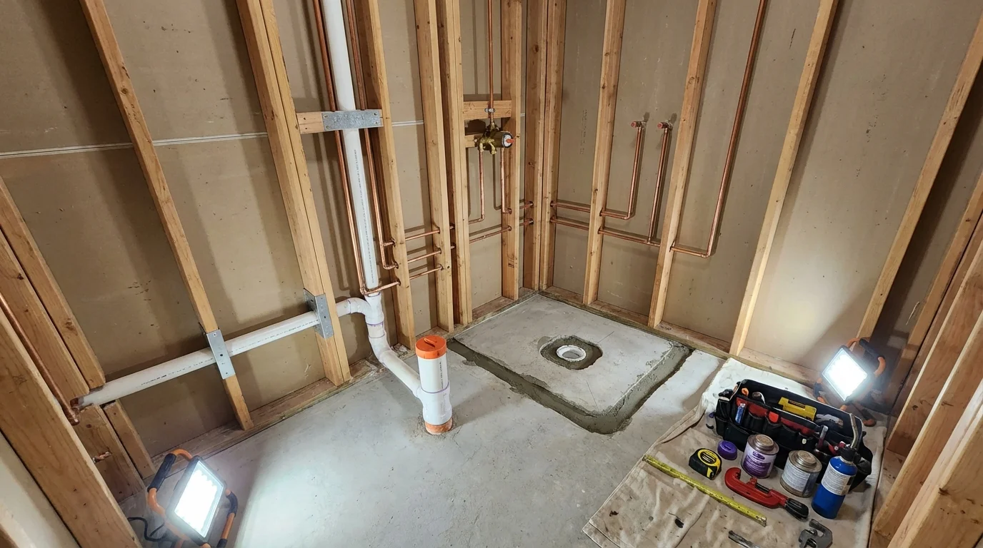 Bathroom rough-in plumbing during remodel by Johns Plumbing LLC in Lyons
