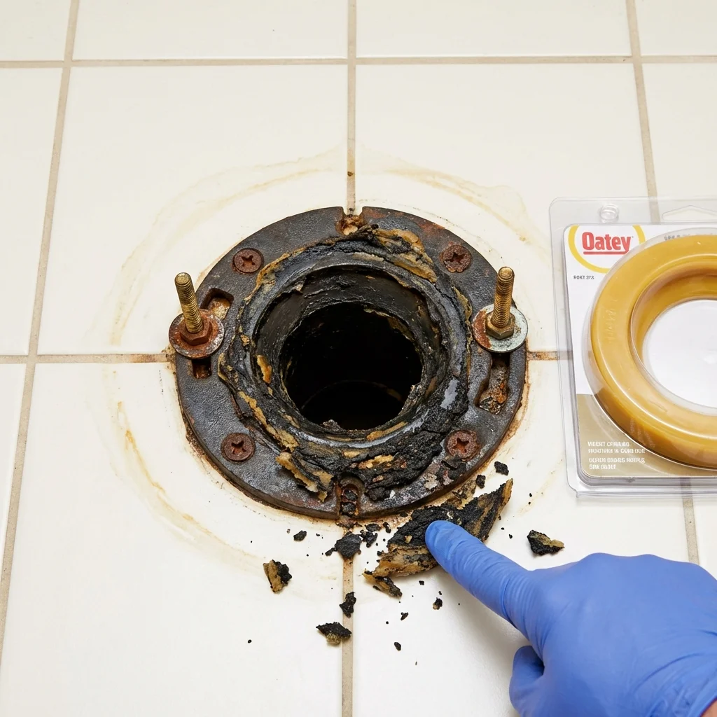 Failed wax ring showing water seepage at the base of a toilet in a Lyons, GA home
