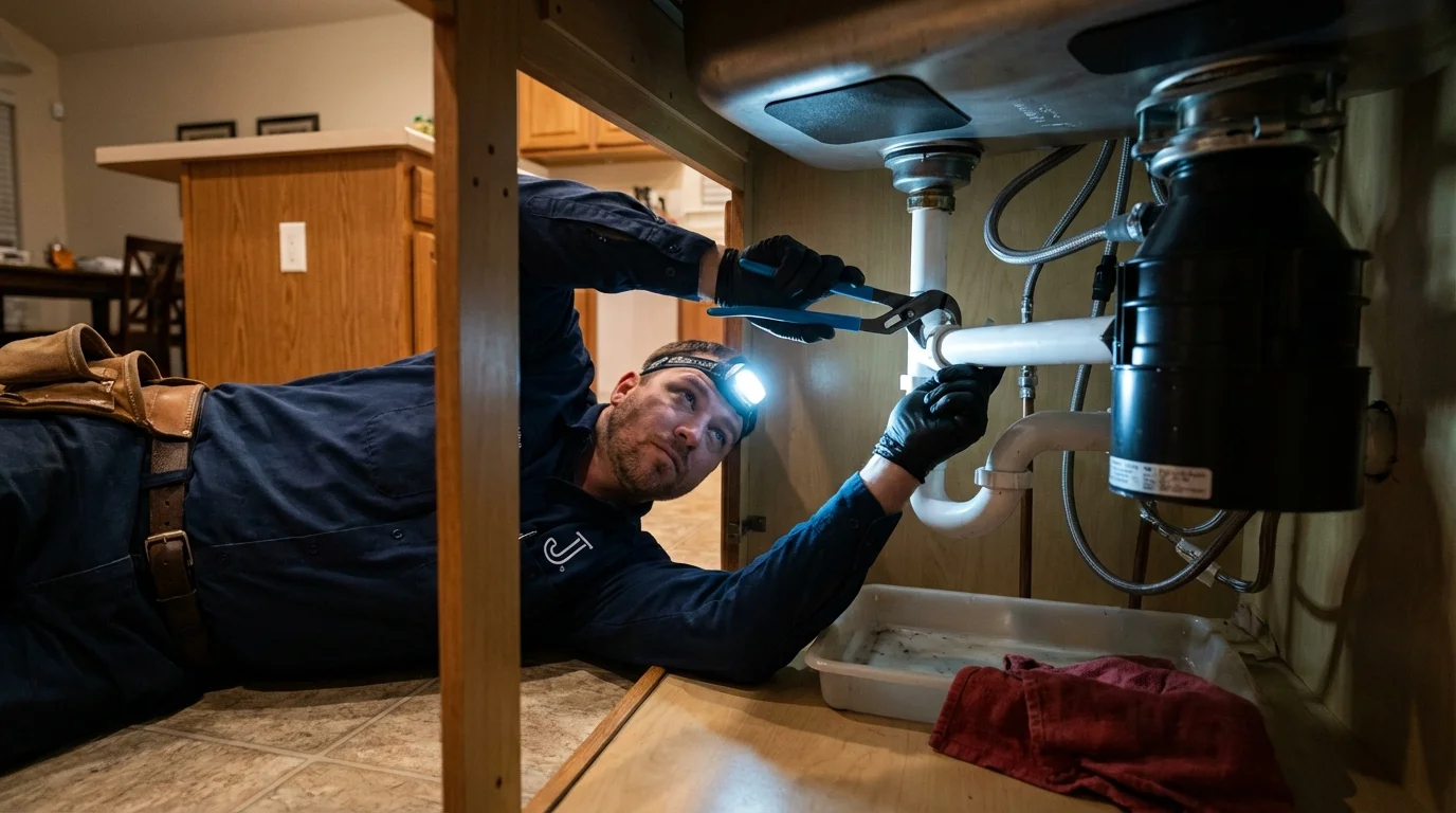 P-trap and supply line connections under a kitchen sink showing a common leak point in Lyons, GA